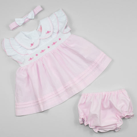 Baby Girl Pink Summer Dress with Flower Embroidery, Matching Headband and Bloomers