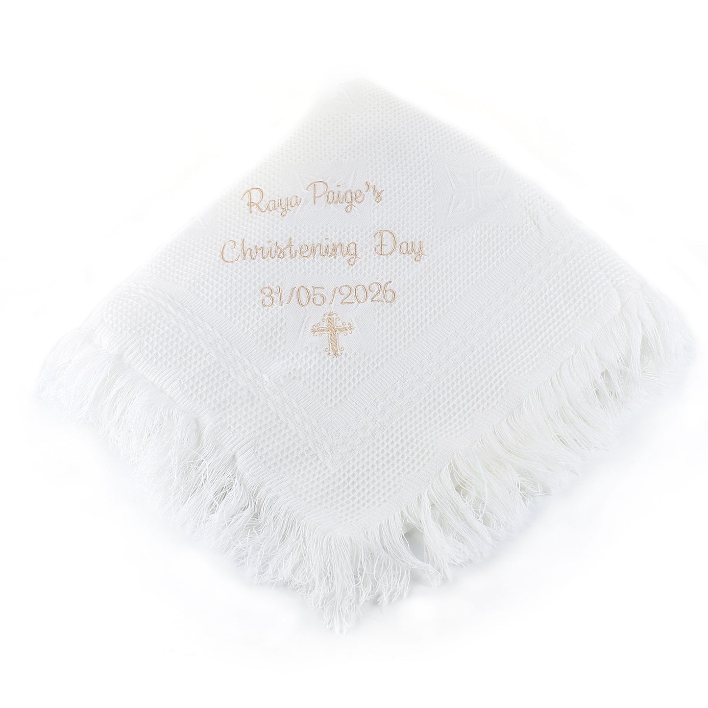 Personalised White Baby Shawl – Christening Shawl with Name & Date