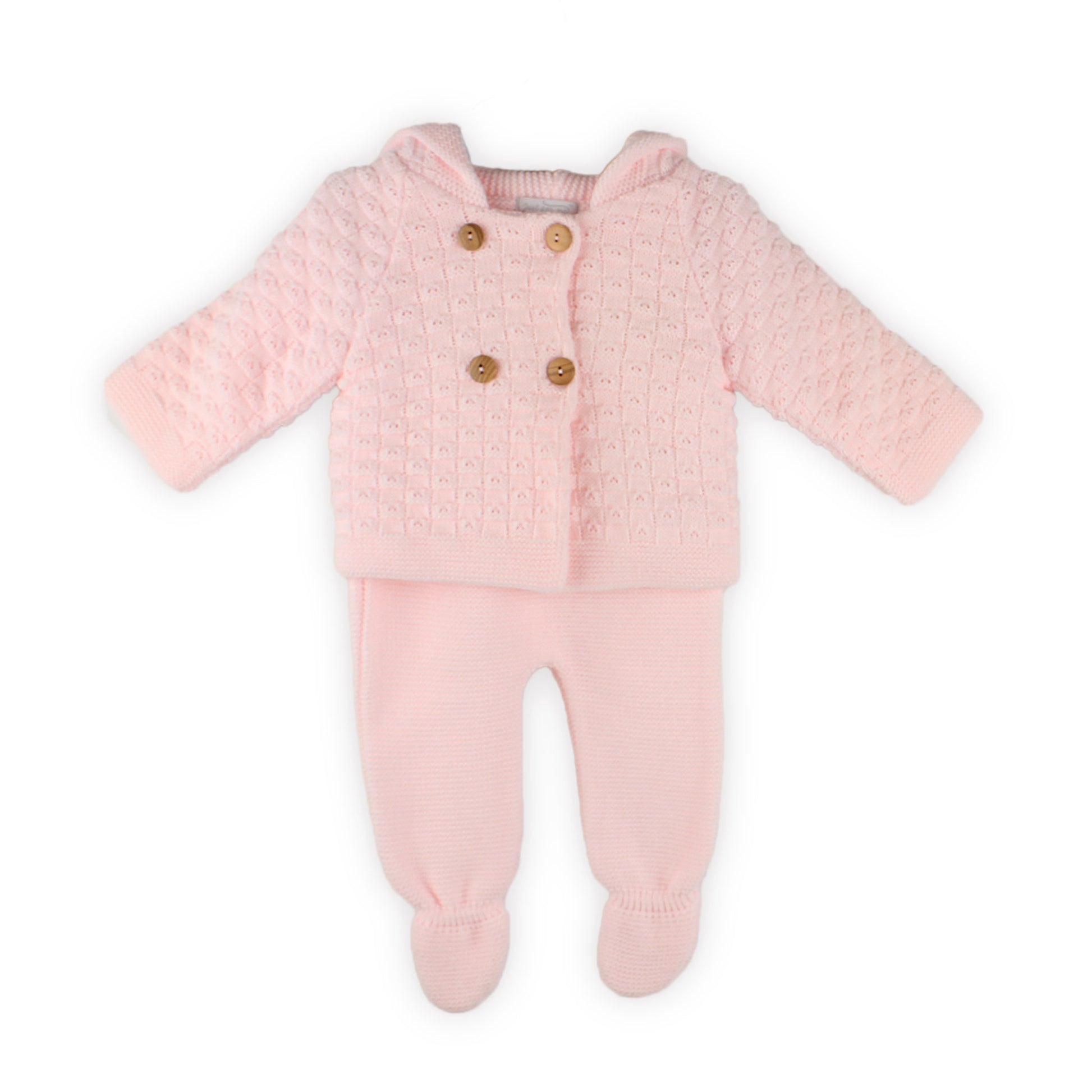 Pink baby outfit with a jacket and footed pants on a white background