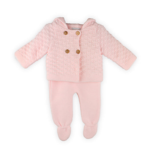 Pink baby outfit with a jacket and footed pants on a white background