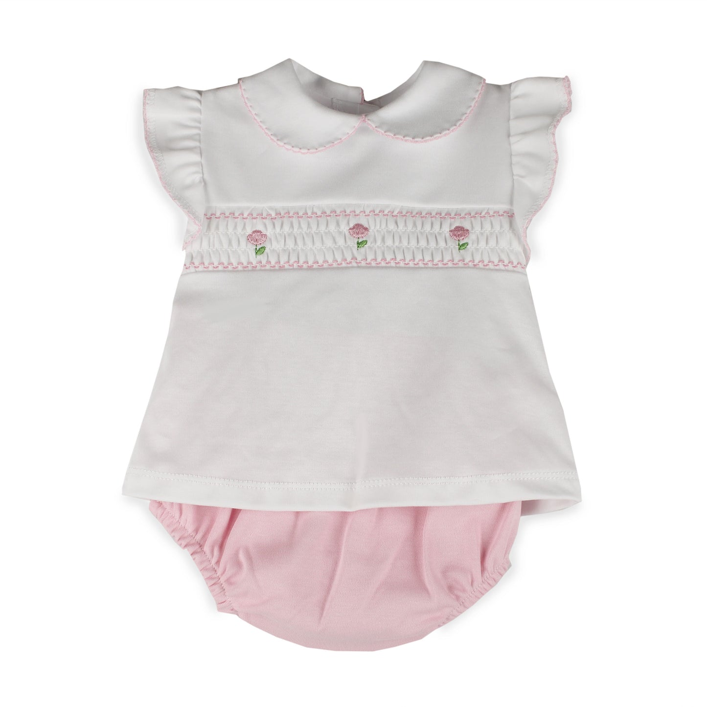 Baby girls white smocked top with pink flower embroidery and matching pink jam pants made from 100% cotton in Portugal.