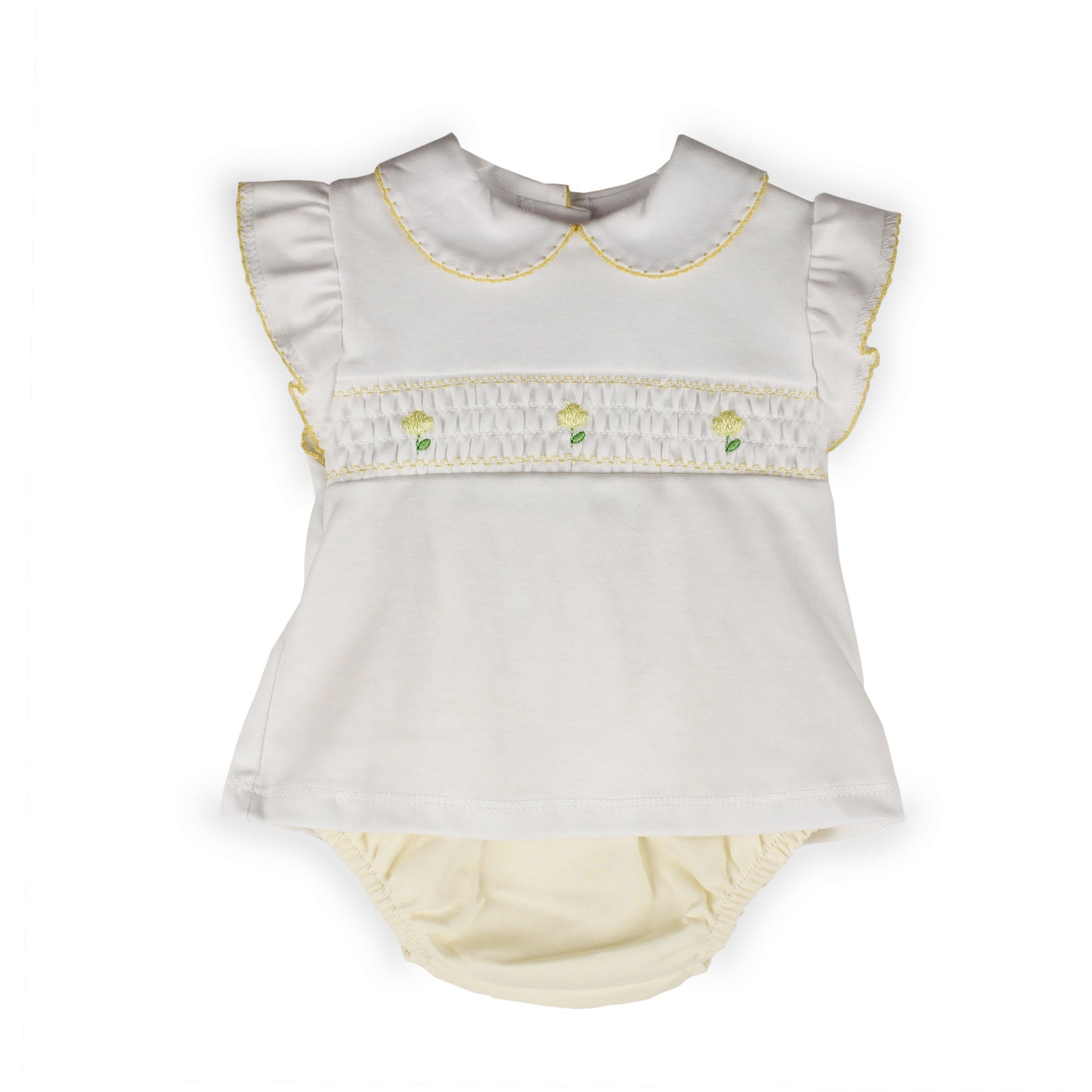 Baby Girls White & Lemon Smocked Top and Jam Pants Set – 100% Cotton
