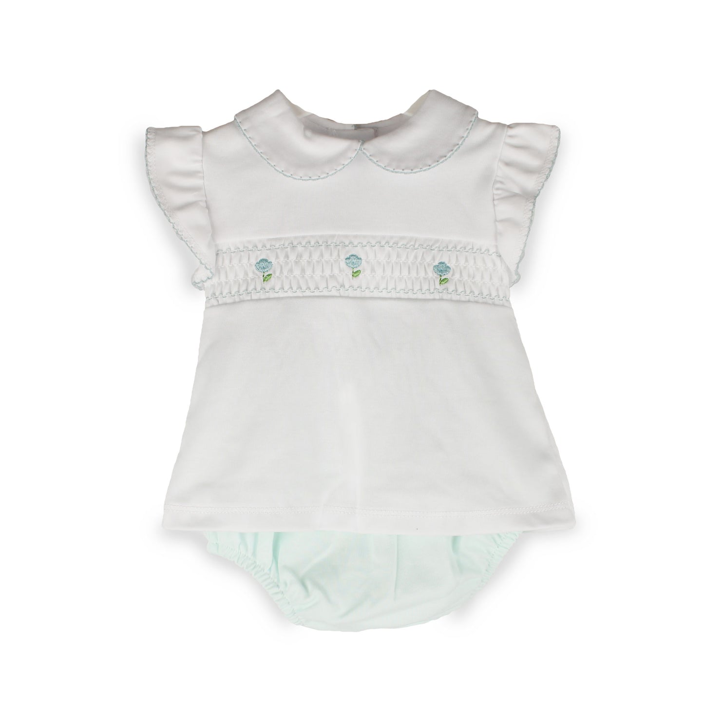 Baby Girls White & Mint Smocked Top and Jam Pants Set – 100% Cotton