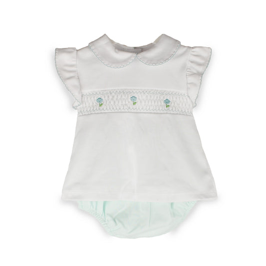 Baby Girls White & Mint Smocked Top and Jam Pants Set – 100% Cotton