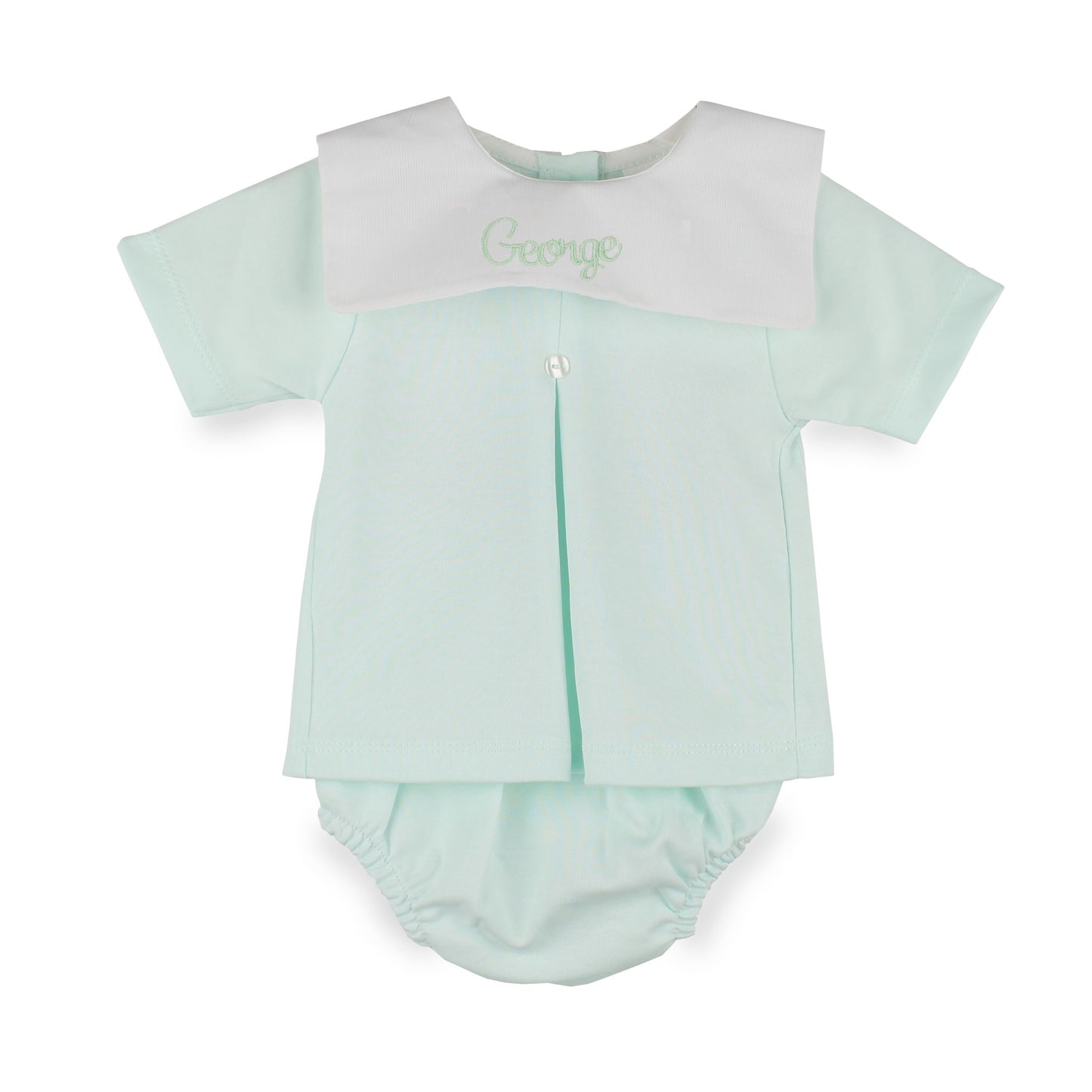 Personalised baby boys mint green two-piece outfit with embroidered white collar and matching jam pants, made from 100% cotton in Portugal.