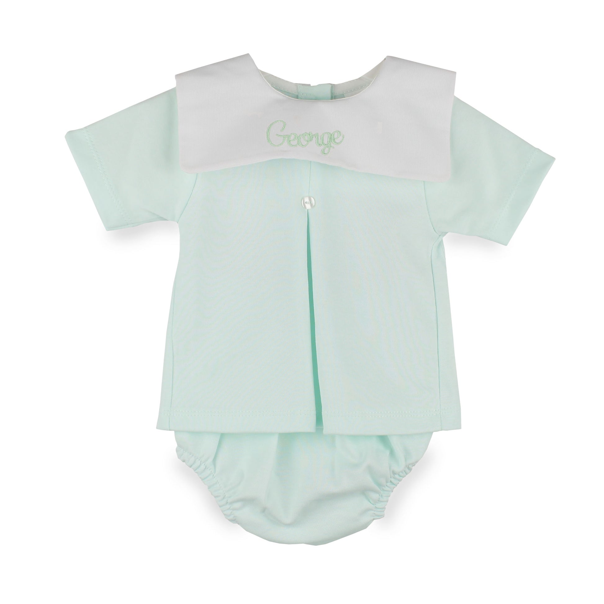 Personalised baby boys mint green two-piece outfit with embroidered white collar and matching jam pants, made from 100% cotton in Portugal.