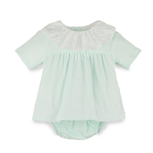Baby Girls Mint Green Two Piece Outfit with Broderie Frill Collar – 100% Cotton