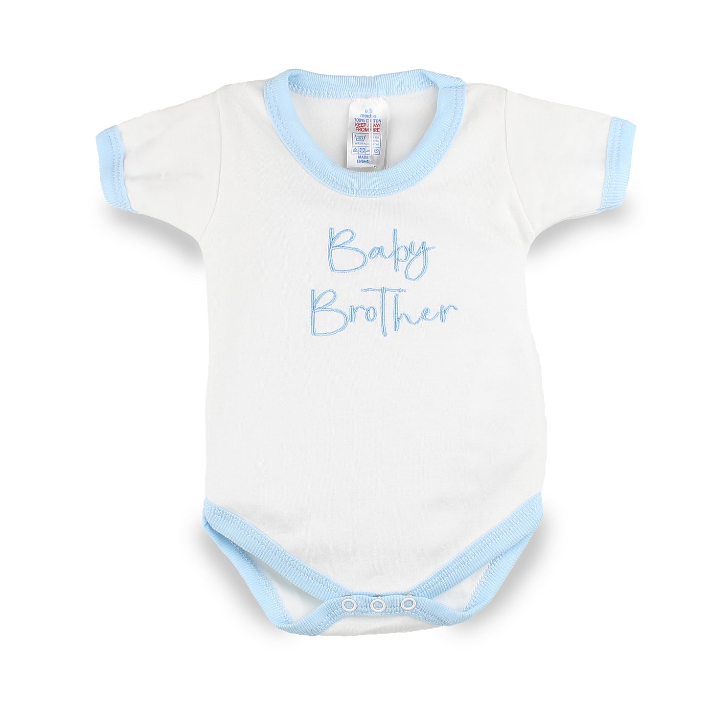 Baby Brother embroidered white baby vest with blue trim for 0-3 months