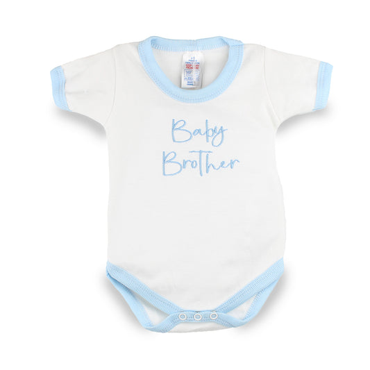 Baby Brother embroidered white baby vest with blue trim for 0-3 months