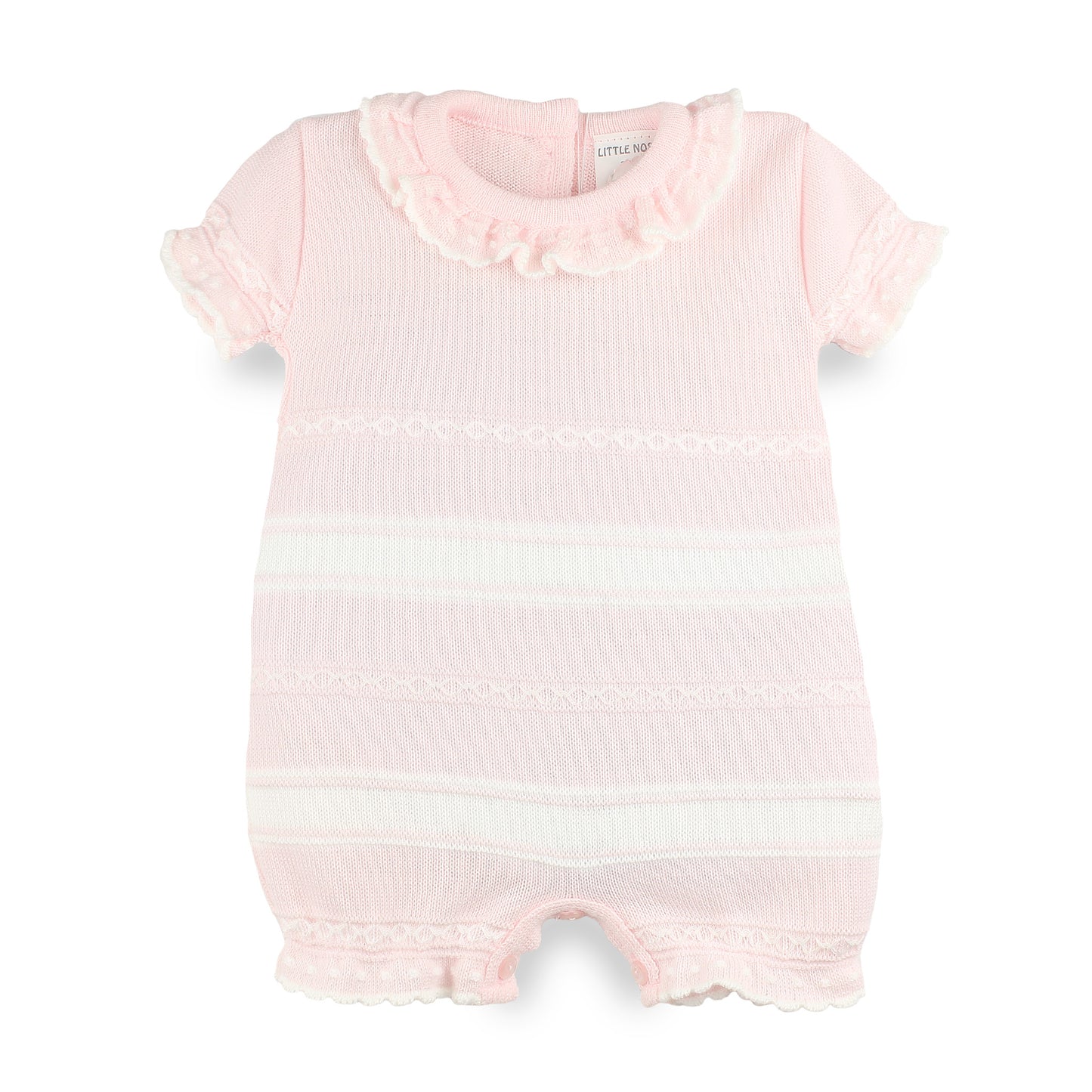 Little Nosh pink knitted baby romper with frill collar and white stripe detailing, made in Portugal.