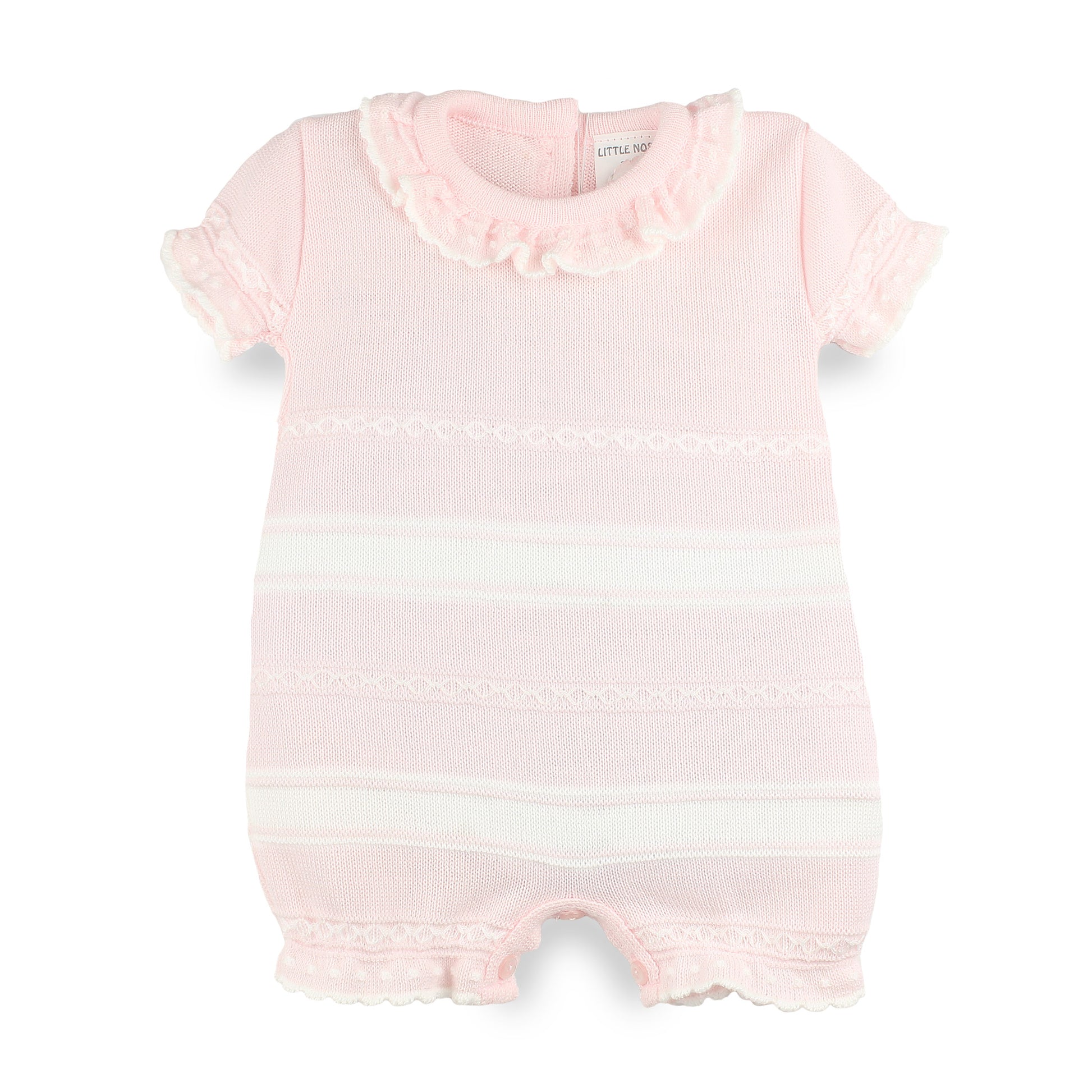 Little Nosh pink knitted baby romper with frill collar and white stripe detailing, made in Portugal.