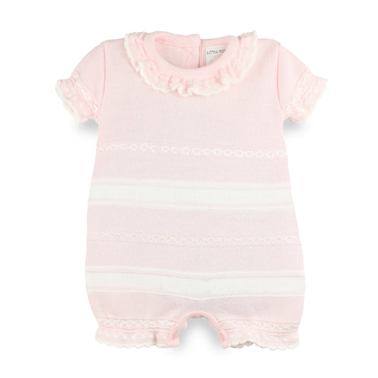 Little Nosh pink knitted baby romper with frill collar and white stripe detailing, made in Portugal.