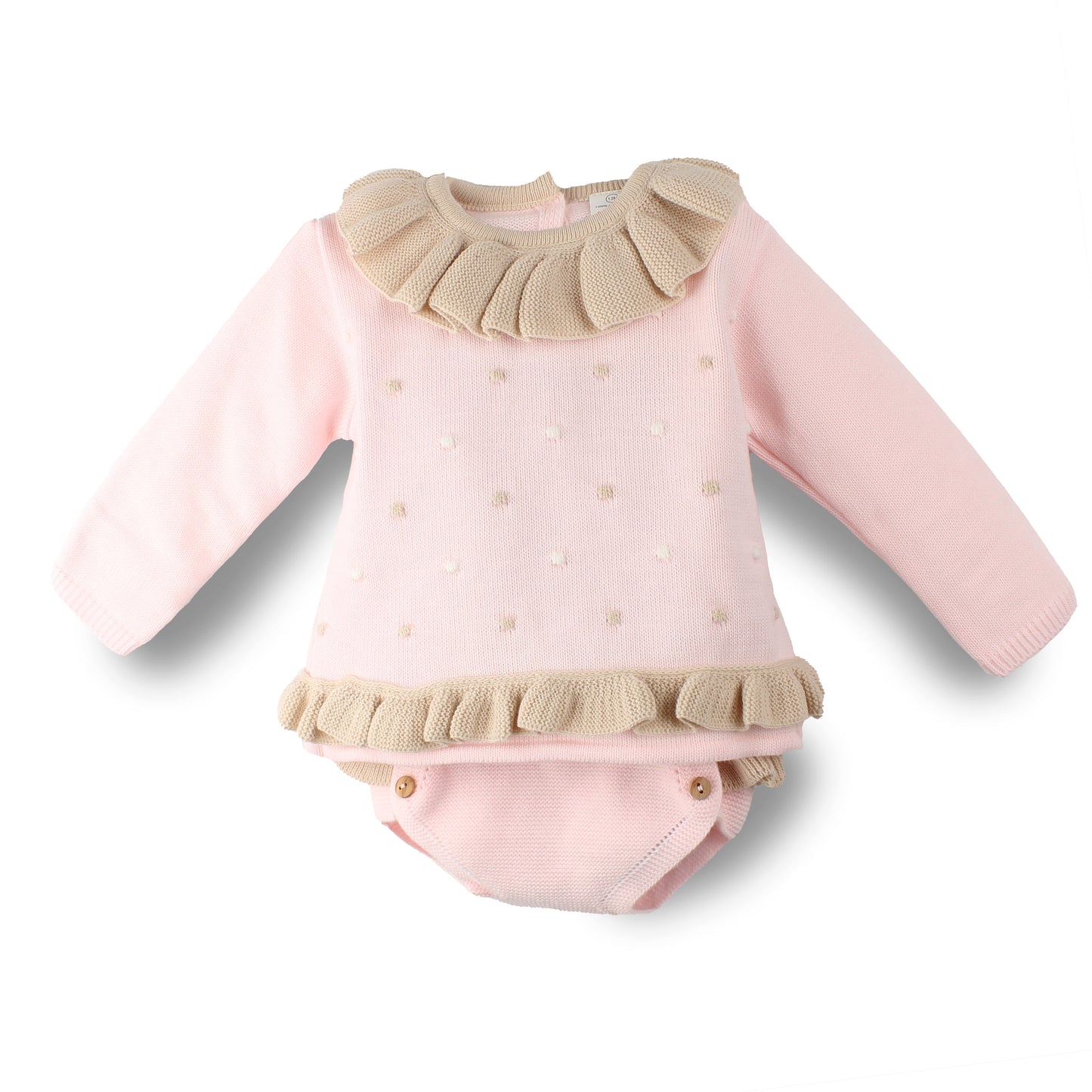 Pink and beige knitted baby girls two-piece frill top and jam pants set made in Portugal