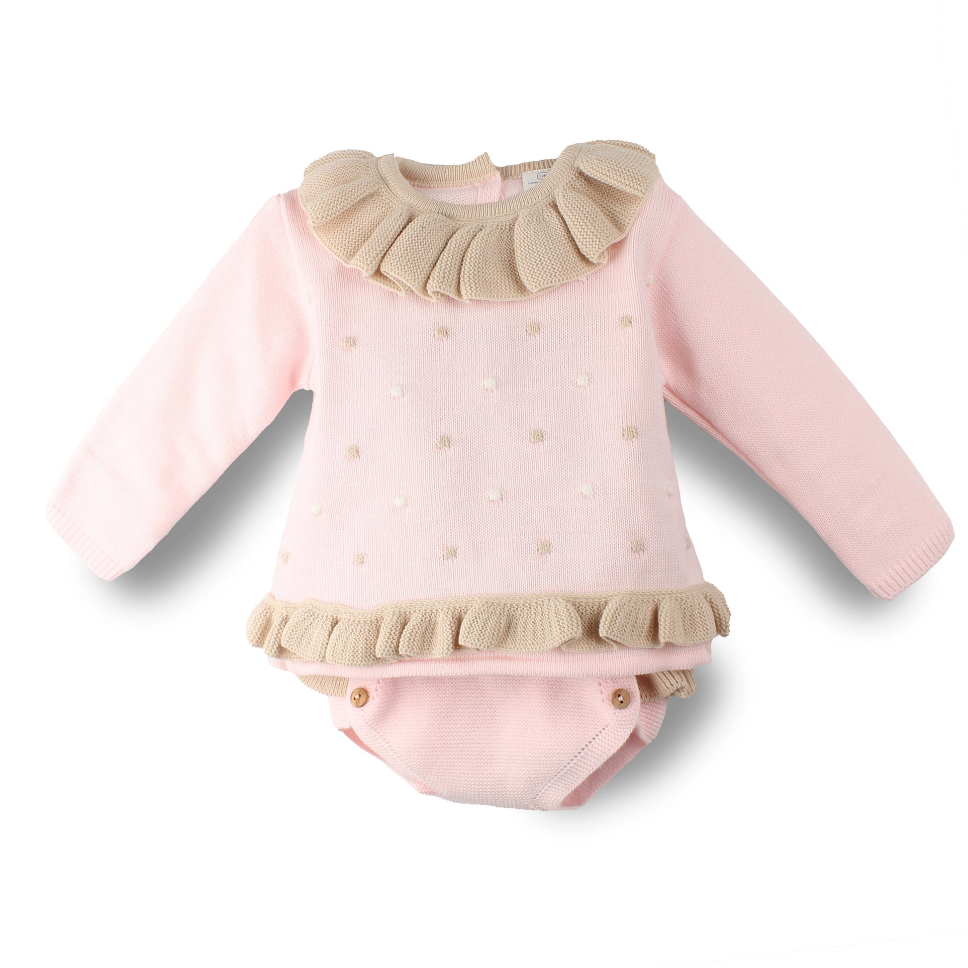 Pink and beige knitted baby girls two-piece frill top and jam pants set made in Portugal