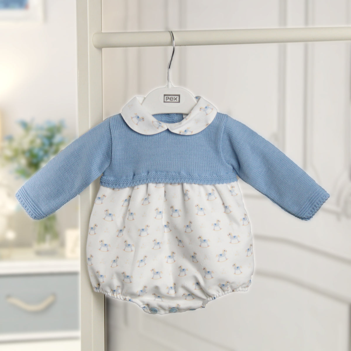 Baby Boys Blue Knitted Rocking Horse Romper – Pex