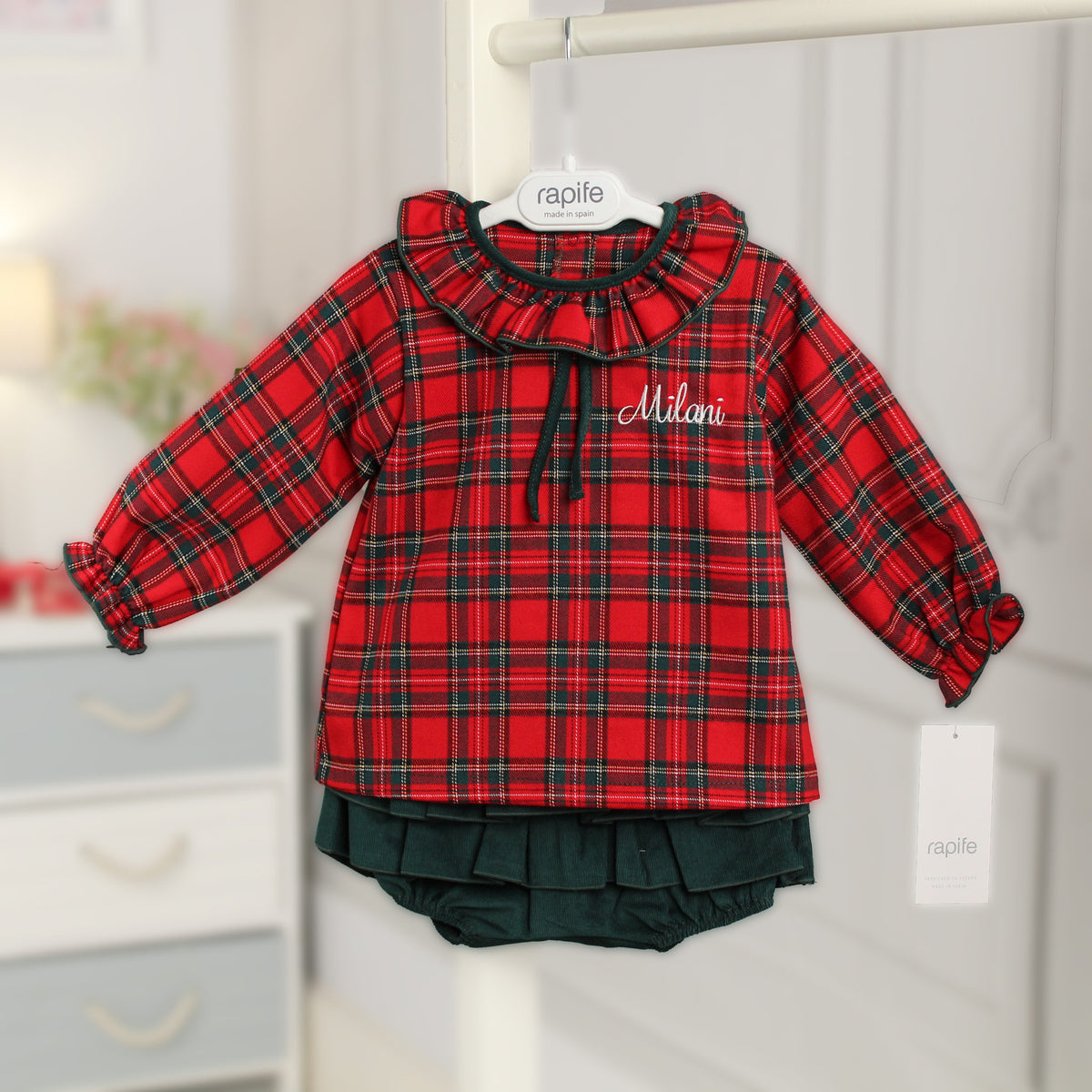 Personalised Baby Girls Red Tartan Christmas Skirt Set by Rapife