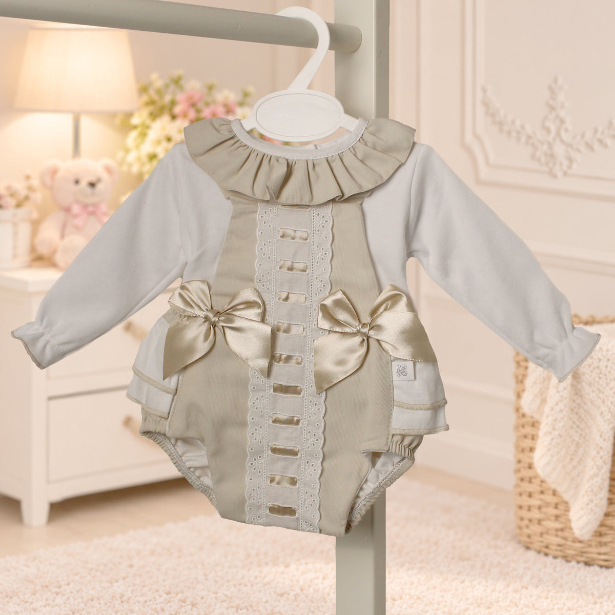 Baby Girls Beige Frill Romper & Blouse 2 Piece Outfit – Kleo Kids