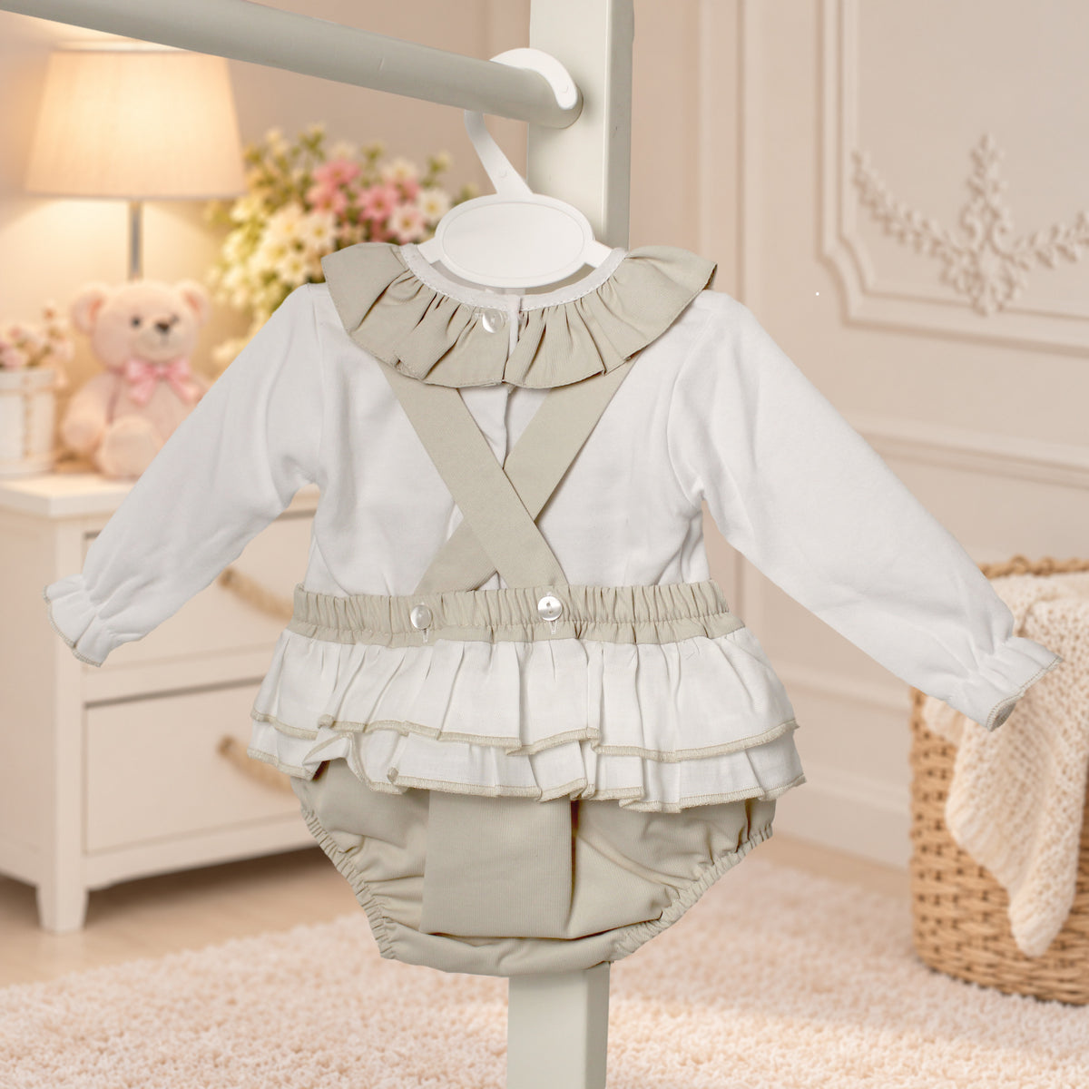 Baby Girls Beige Frill Romper & Blouse 2 Piece Outfit – Kleo Kids