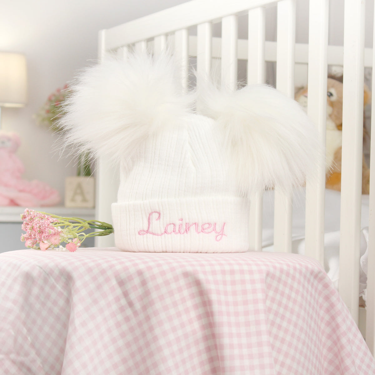 Personalised Baby Pom Hat – White Double Pom | Unisex | Newborn & 0–6 Months
