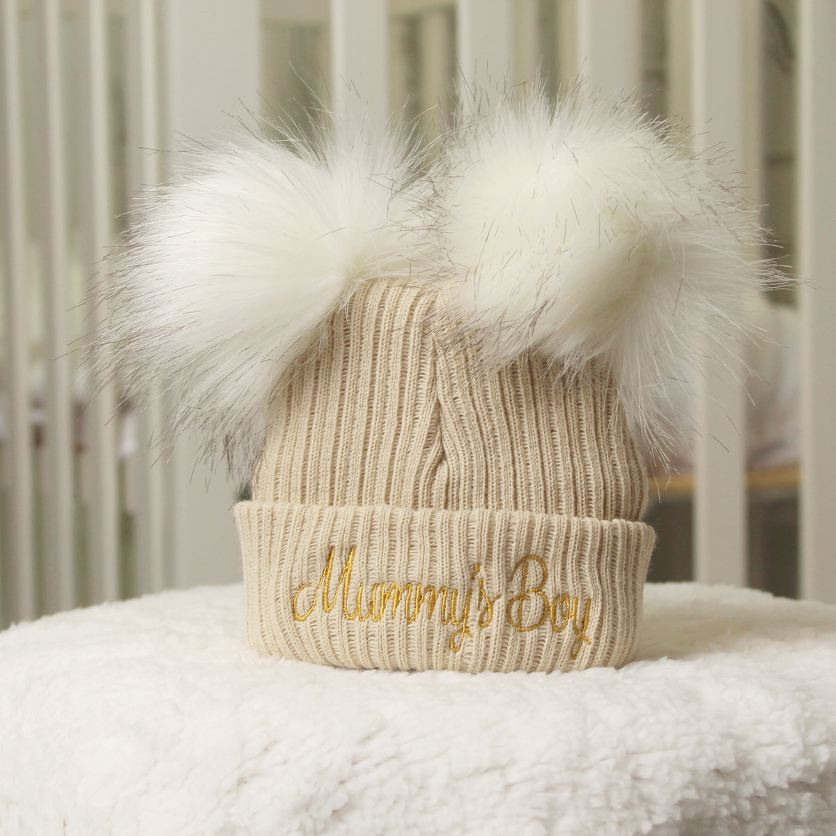 Personalised Baby Pom Hat - Double Pom - Beige