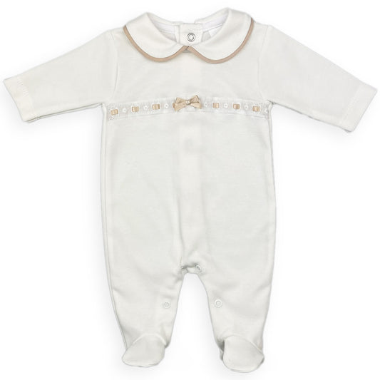 Baby Girls Velour Baby Grow / Sleepsuit with Slotted Lace- White/Beige