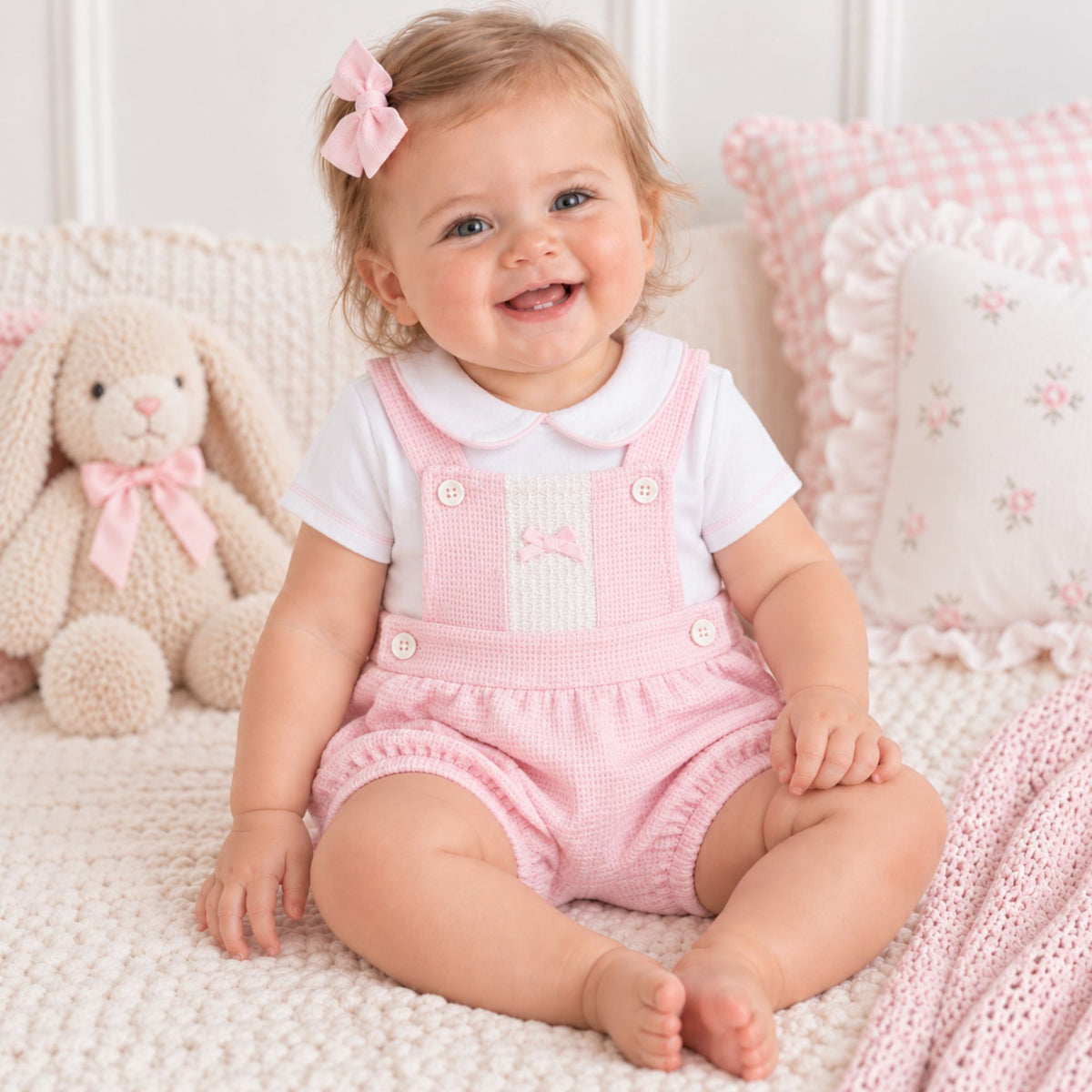 A smiling toddler girl sits on a cream knit blanket in a nursery setting, wearing a pink and white checkered overall romper over a white short-sleeve top. She has a pink bow in her hair, with a plush bunny toy and decorative pillows in the background.