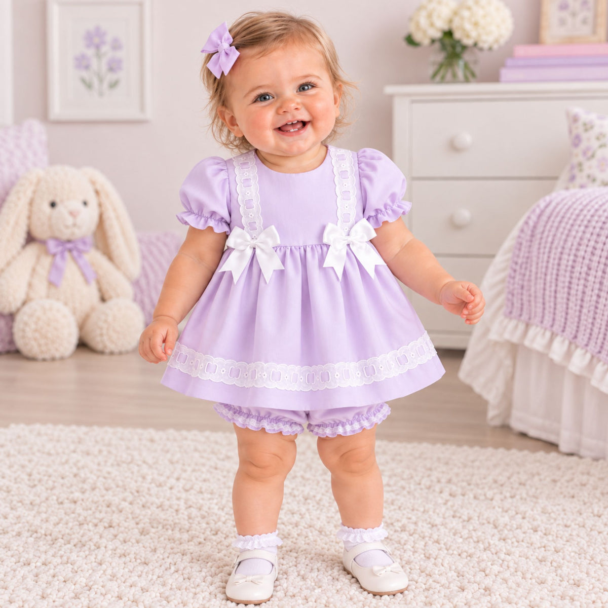 Lilac Baby Dress & Bloomers Set with Lace & Bow Detail (0–18 Months) – UK Made
