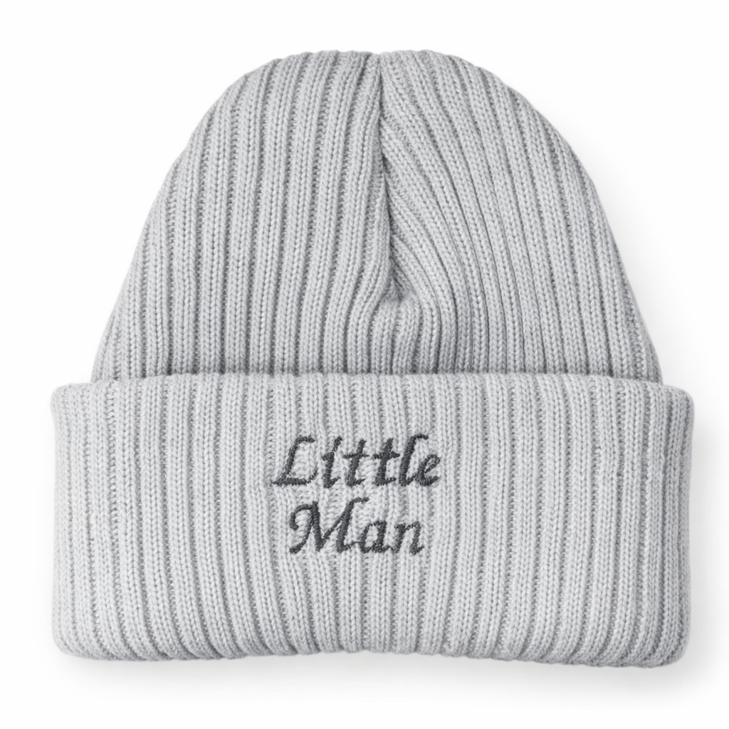 Gray knit beanie with 'Little Man' embroidery on a white background