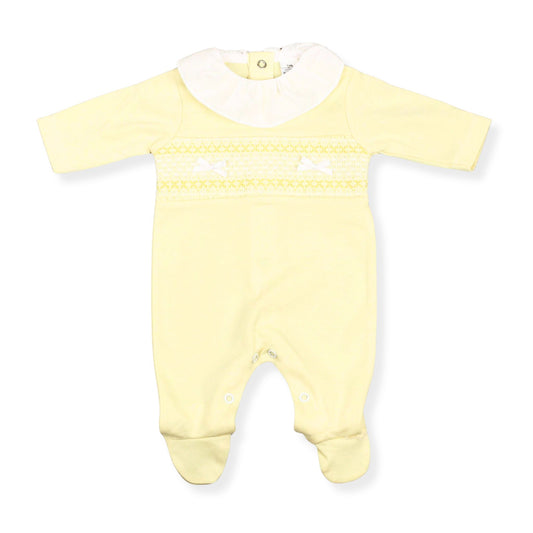 lemon all in one cotton baby sleepsuit with smocking baby girls