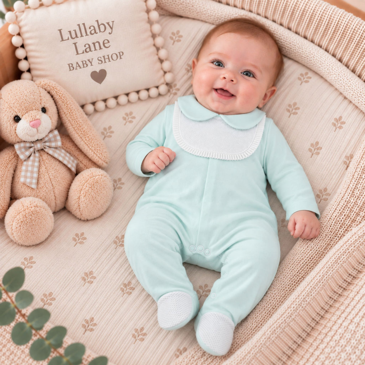 Mint Green Baby Sleepsuit with White Bib Detail | Made in Portugal