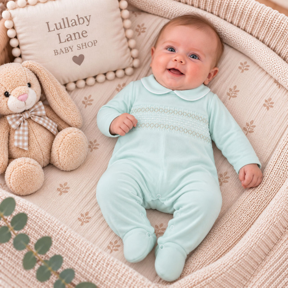 Baby Boys Mint Green Smocked Baby Grow with Peter Pan Collar