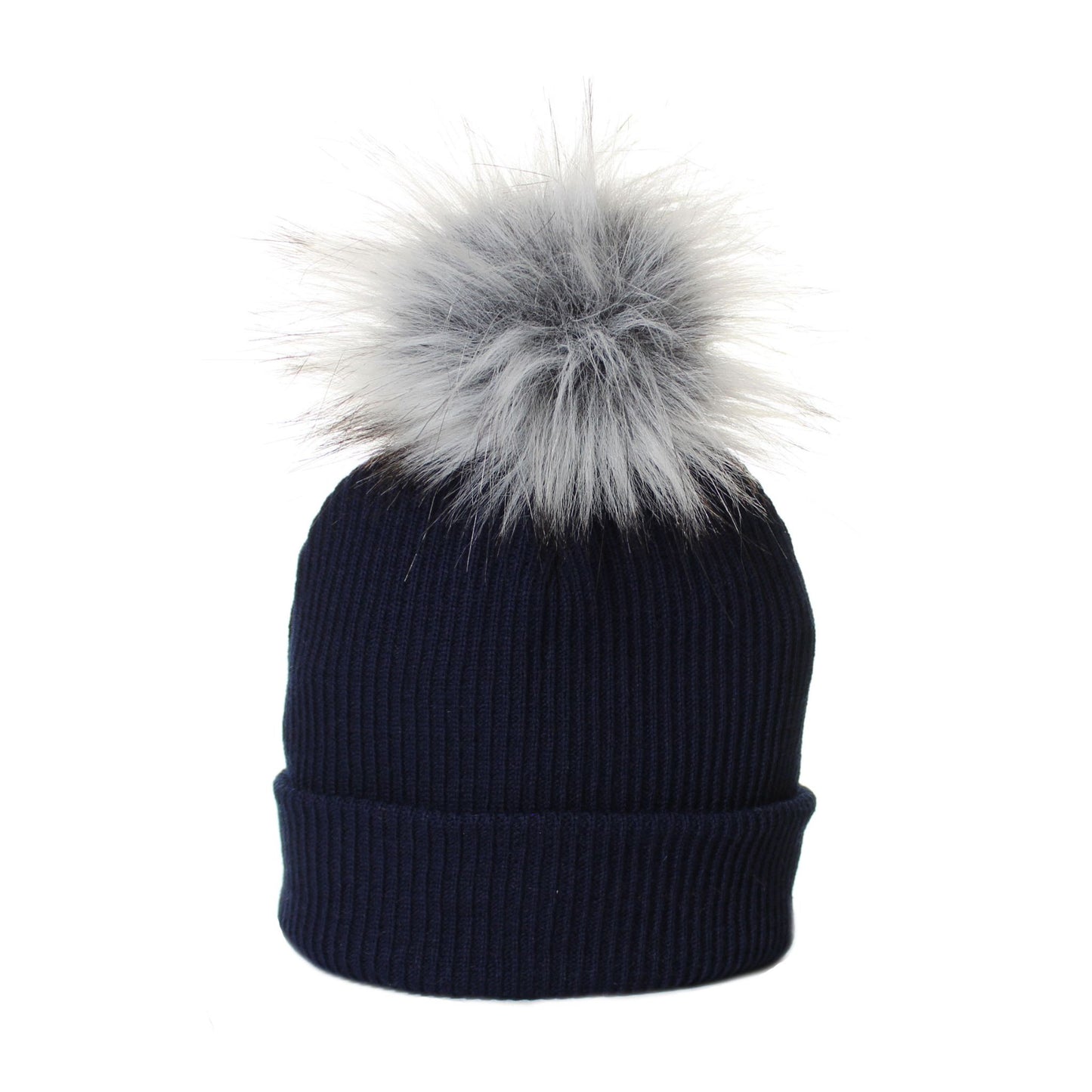 Navy Blue knit beanie with a large gray fur pom-pom on a white background