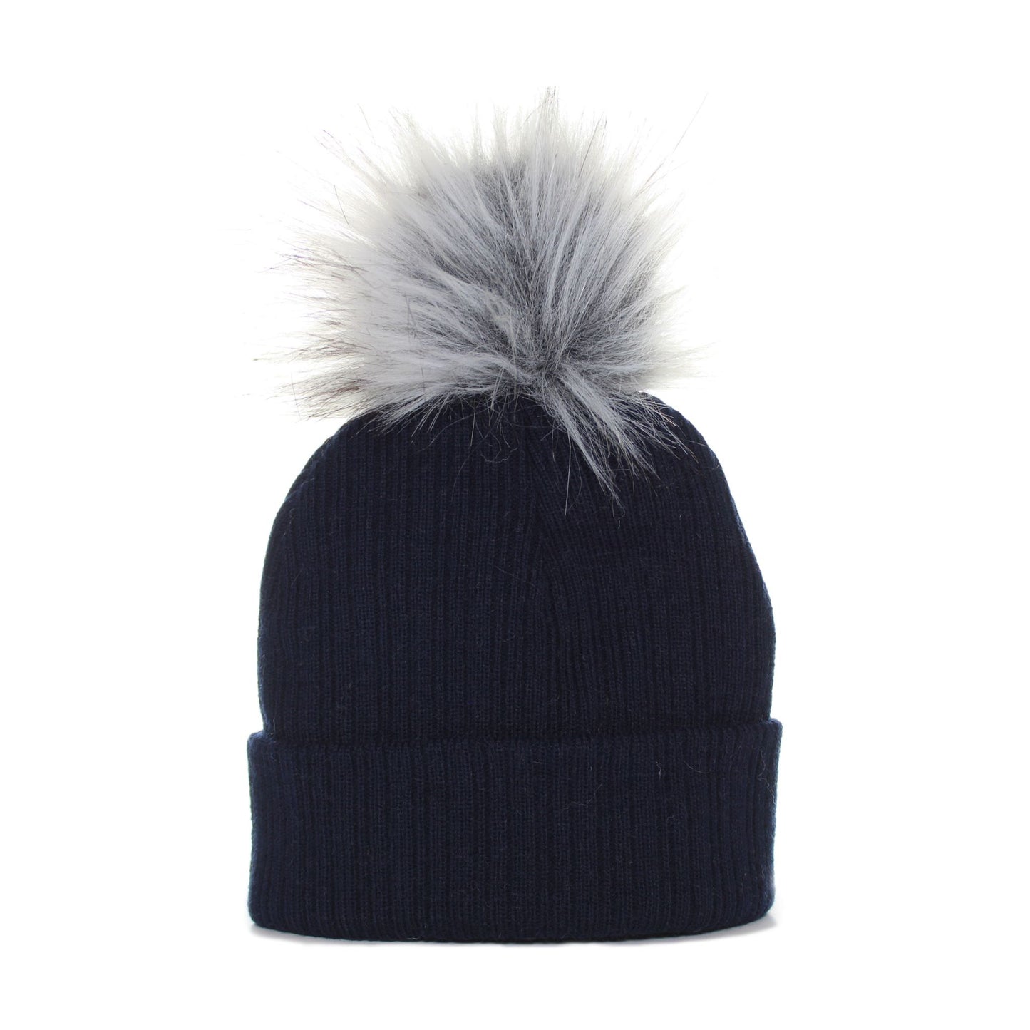 Navy blue beanie with a gray faux fur pom-pom on a white background