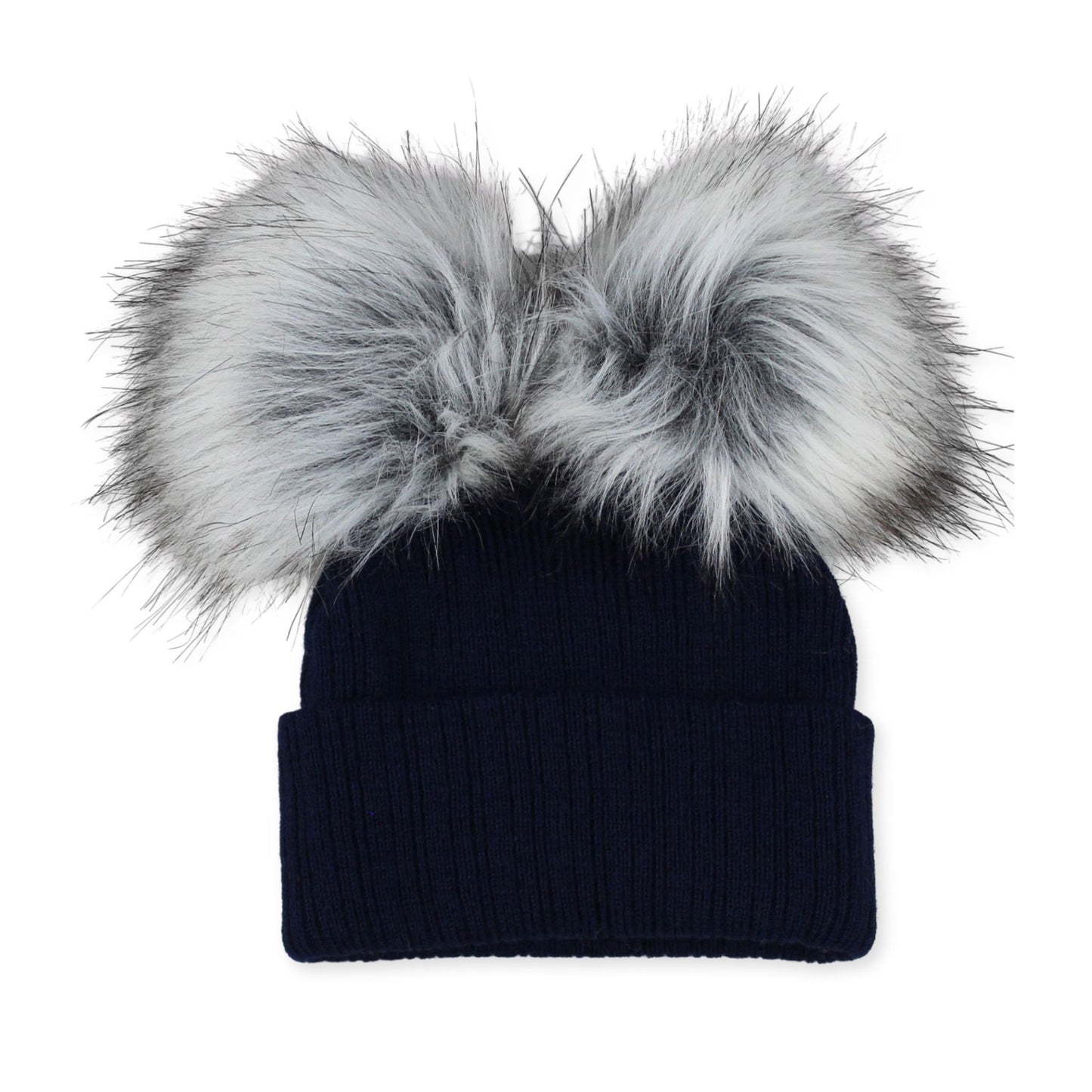 navy blue knit beanie with large gray faux fur pom-poms on a white background