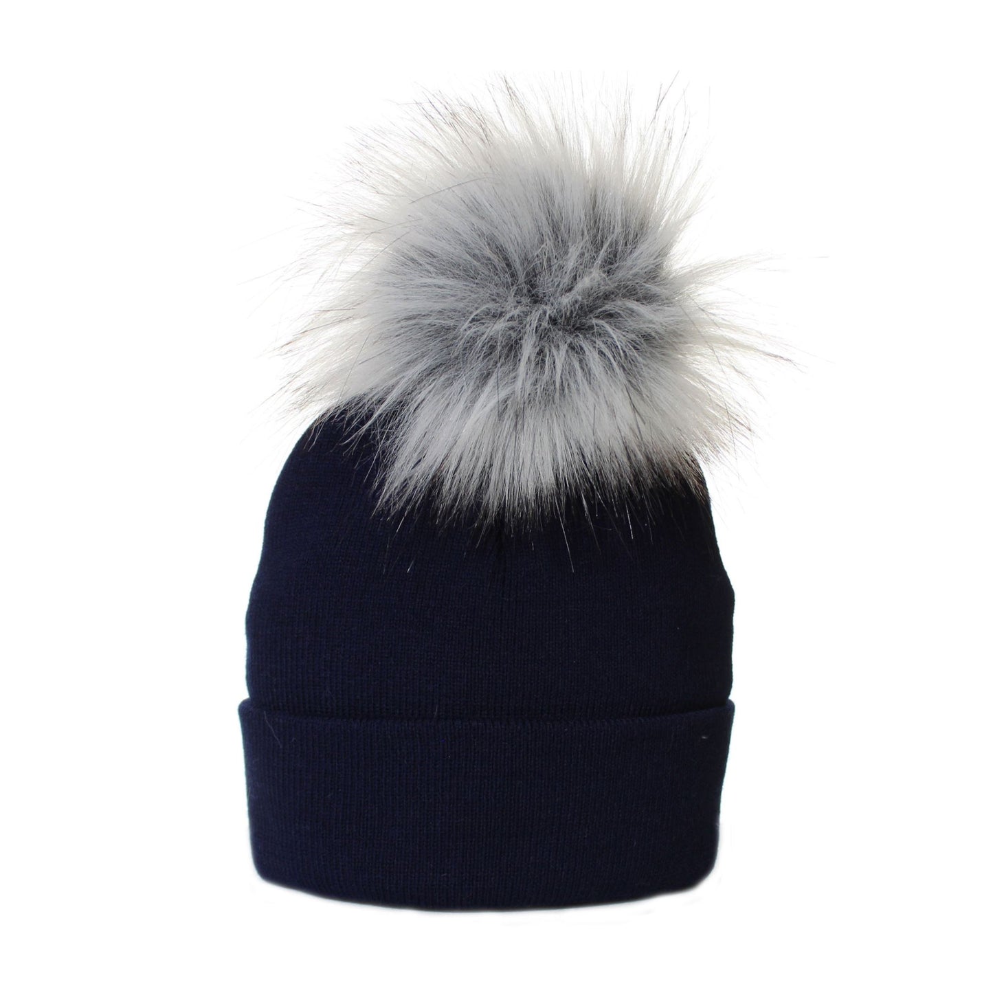 Navy blue beanie with a large gray fur pom-pom on a white background