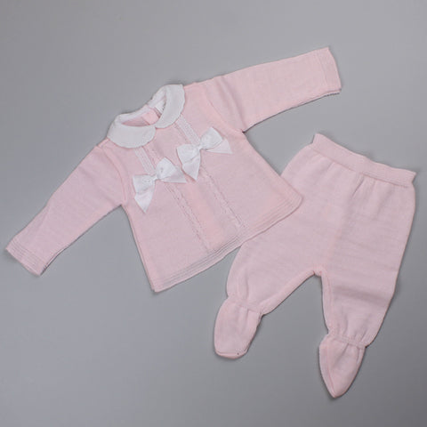Baby Girls 2 Piece Knitted Outfit - Jumper and Bottoms - Pink