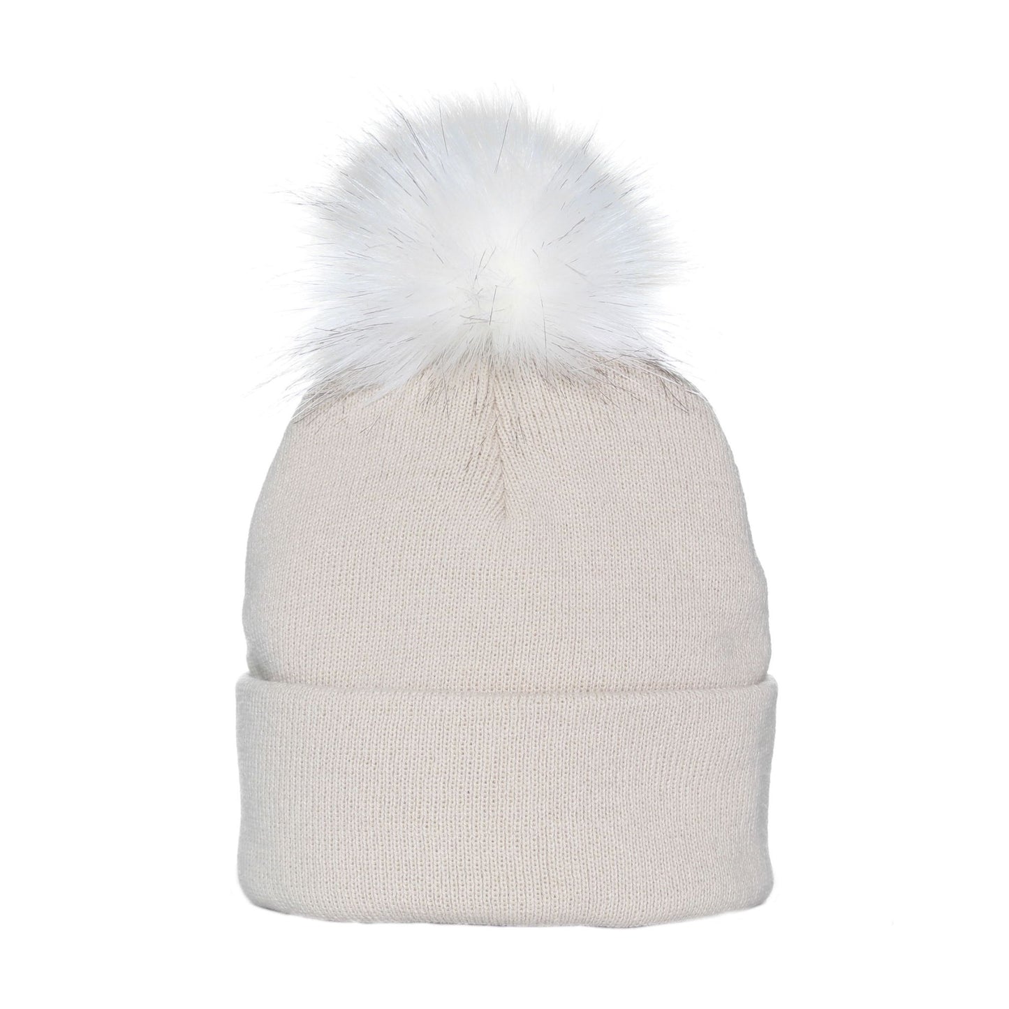 Beige knit beanie with a white fur pom-pom on a white background