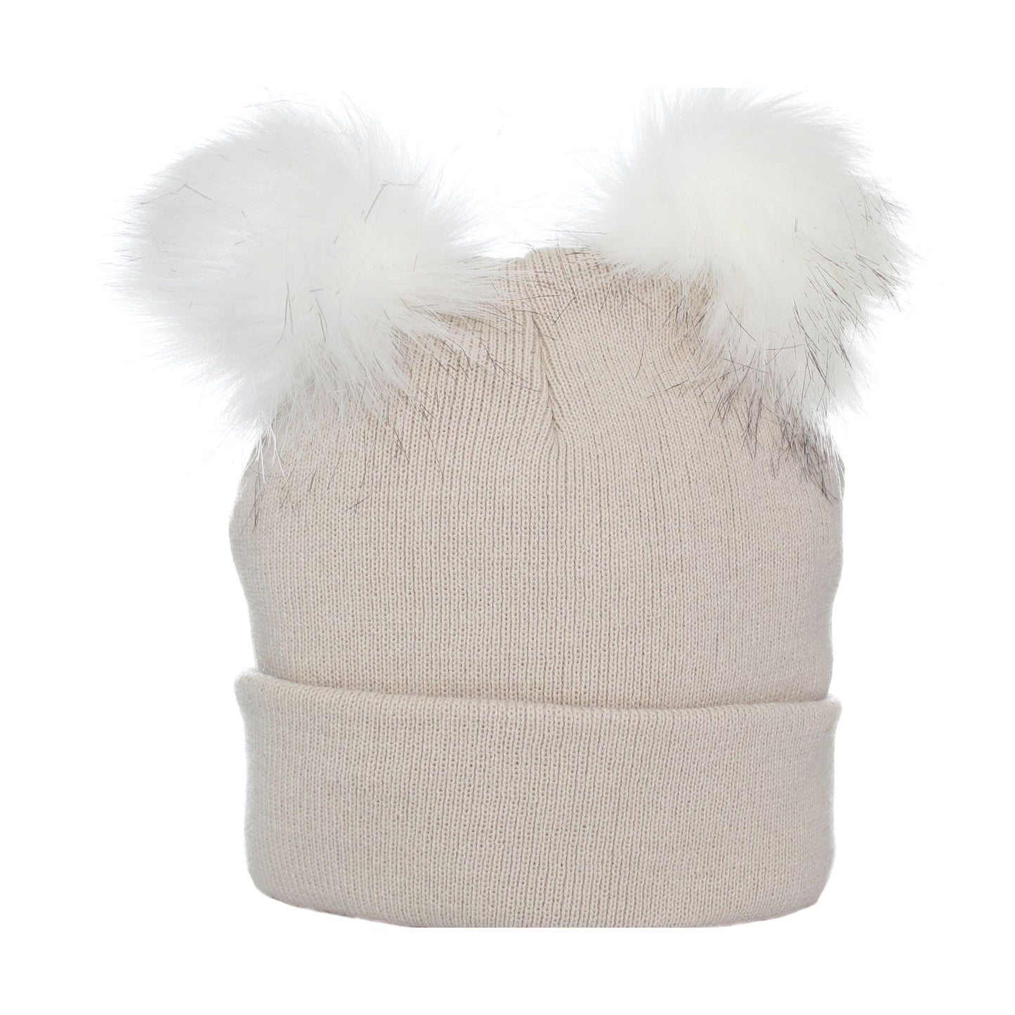 Beige knit beanie with white faux fur pom-poms on a white background