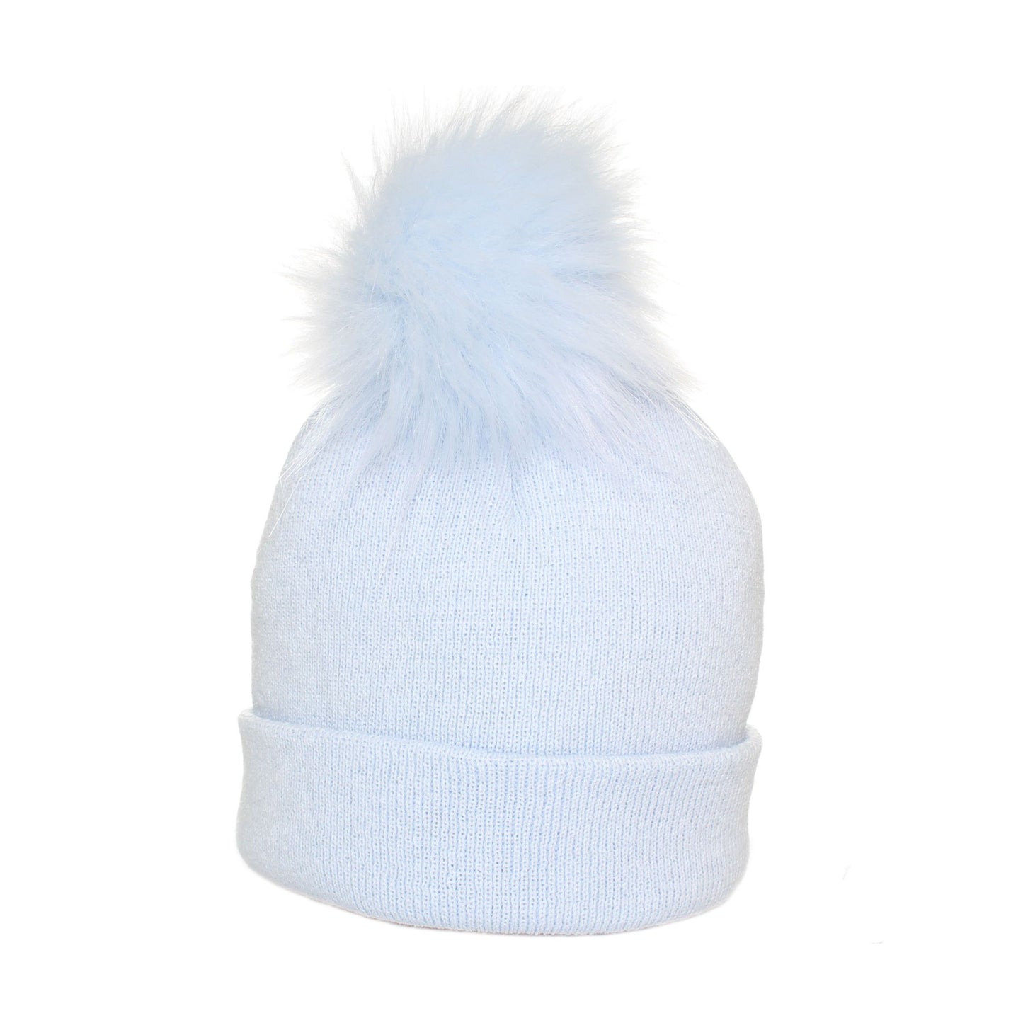 Light blue beanie with a fluffy pom-pom on a white background