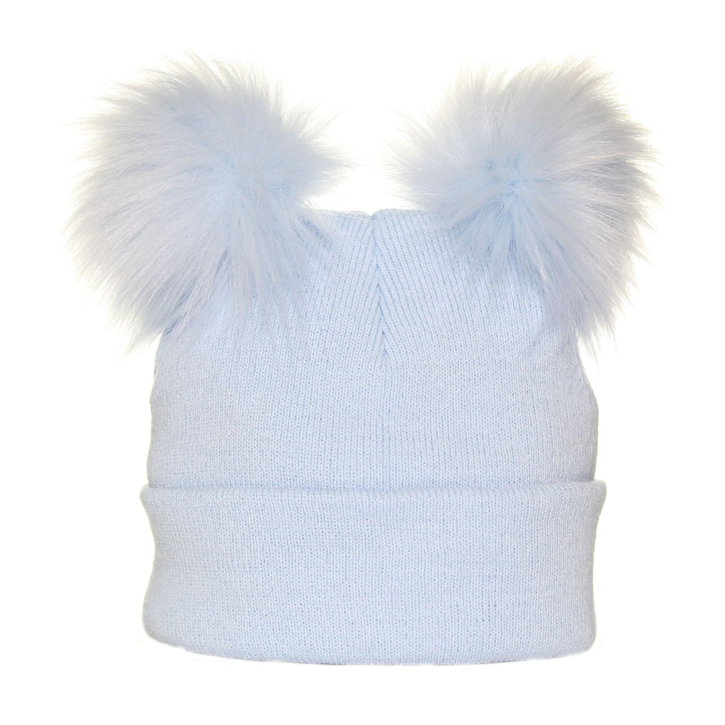 Light blue knit beanie with two large white faux fur pom-poms on a white background
