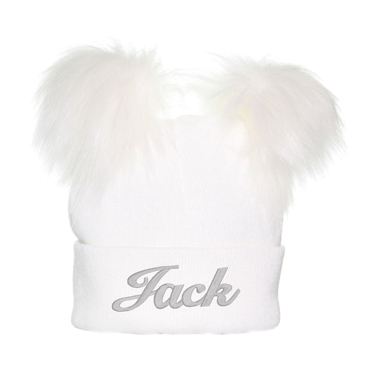 1-6 year fur pom hat in white with personalised name