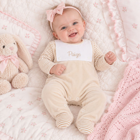 Personalised Beige Stripe Velour Baby Sleepsuit