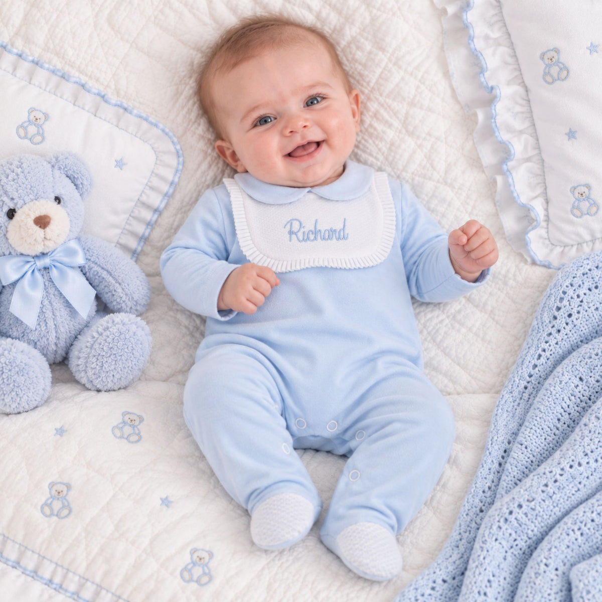 Personalised Blue Baby Grow with White Bib
