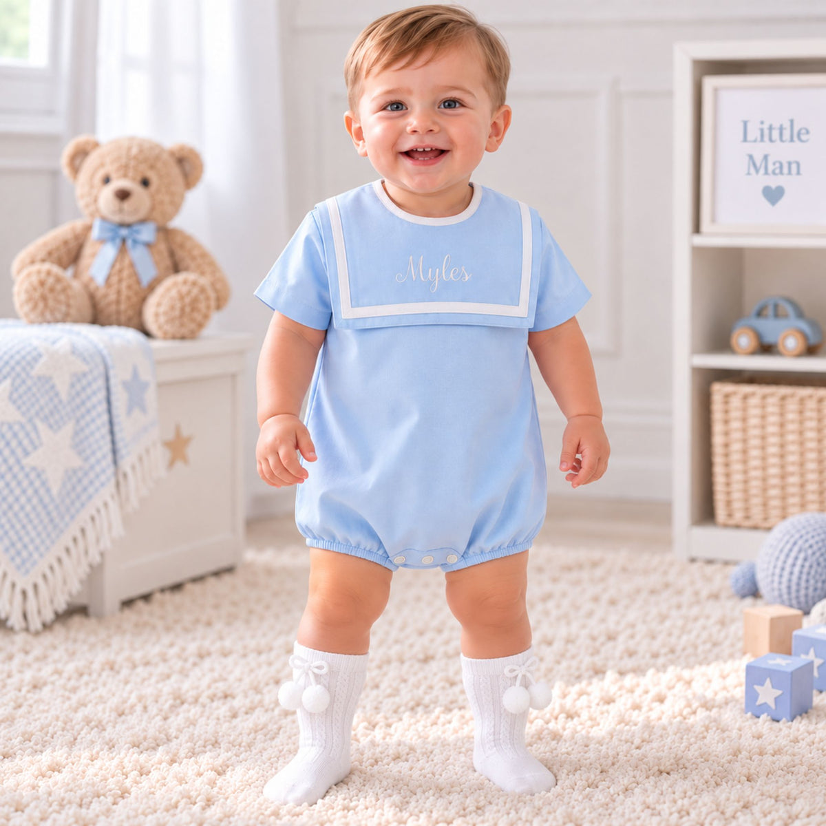 Personalised Blue Baby Sailor Romper – Made in Portugal