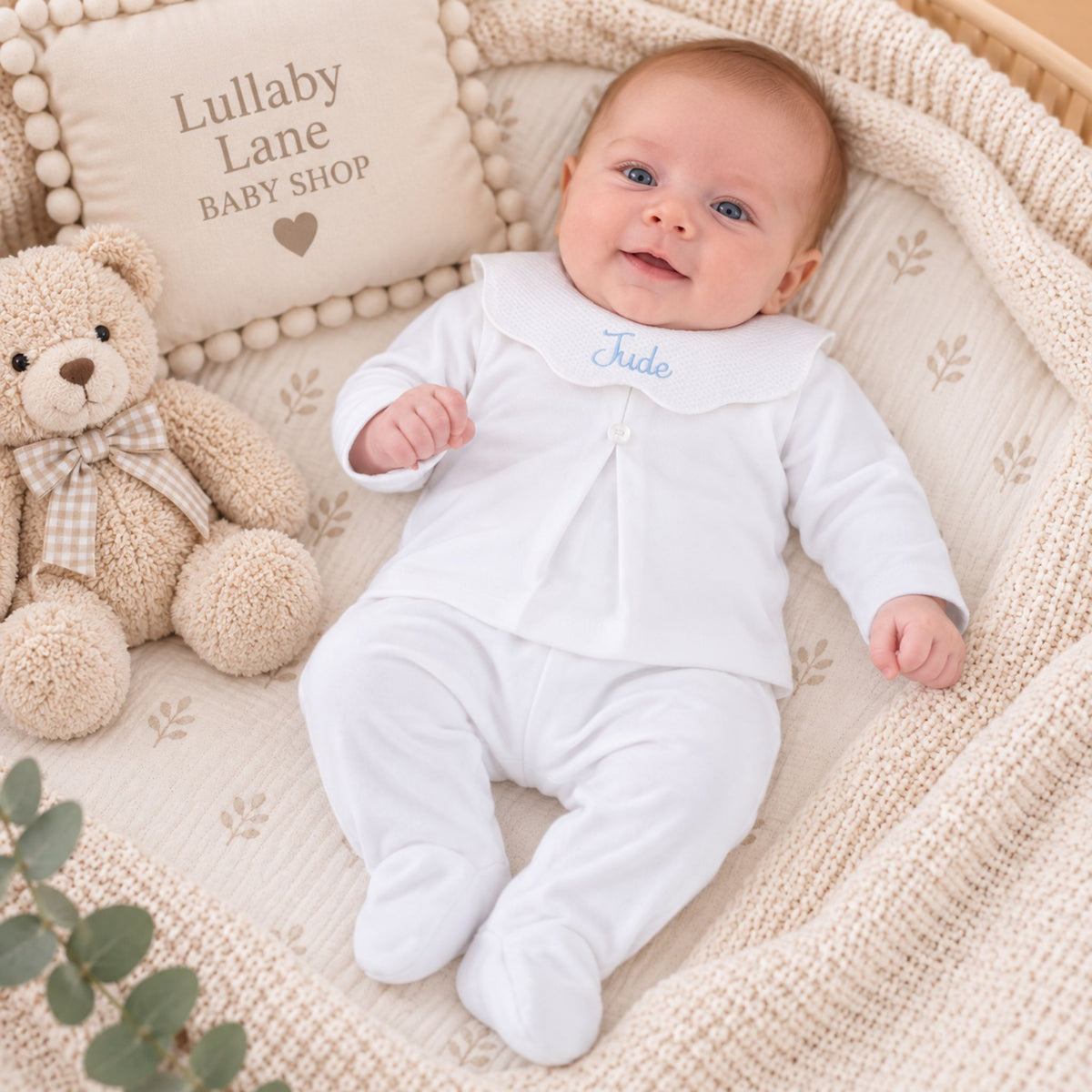 Personalised White 2 Piece Baby Outfit with Embroidered Scalloped Collar