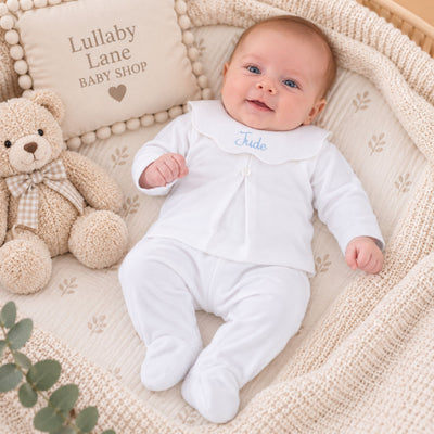 Personalised White 2 Piece Baby Outfit with Embroidered Scalloped Collar