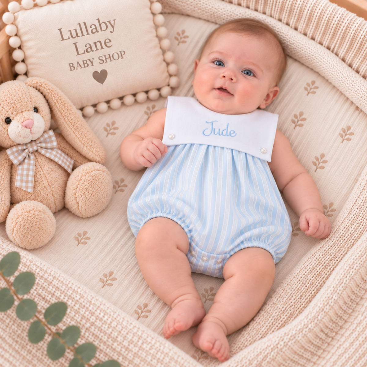 Personalised Baby Boys Blue & White Stripe Bubble Romper | Made in Portugal