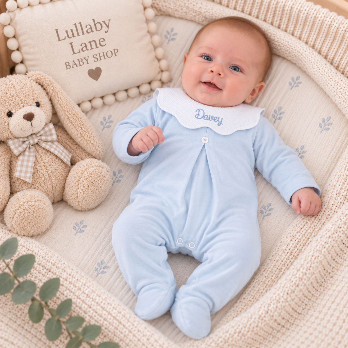Personalised Baby Blue Cotton Sleepsuit with Embroidered Scalloped Collar