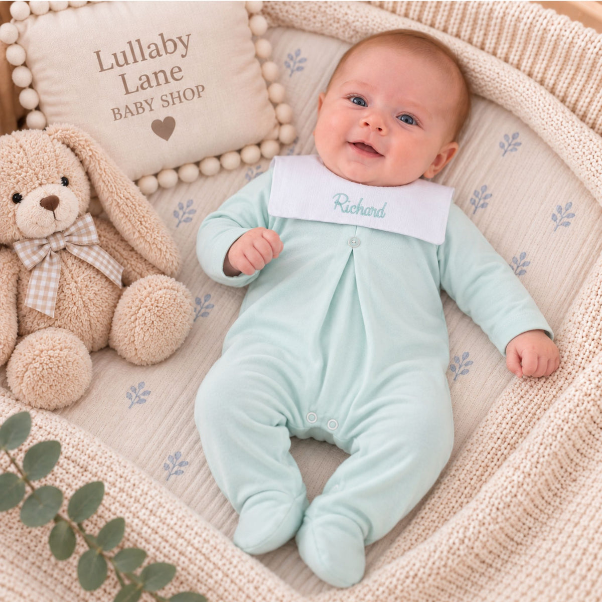 Personalised Mint Green Baby Babygrow | Made in Portugal