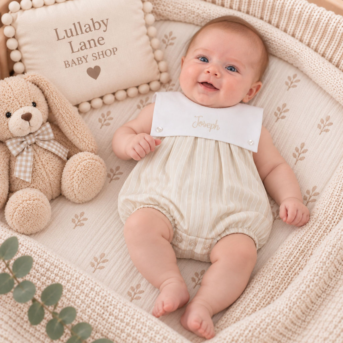 Personalised Baby Boys Beige & White Stripe Bubble Romper | Made in Portugal